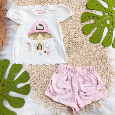 Conj. Blusa Casinha de Cogumelos com Coelhos e Short em Lese - Off White e Rose